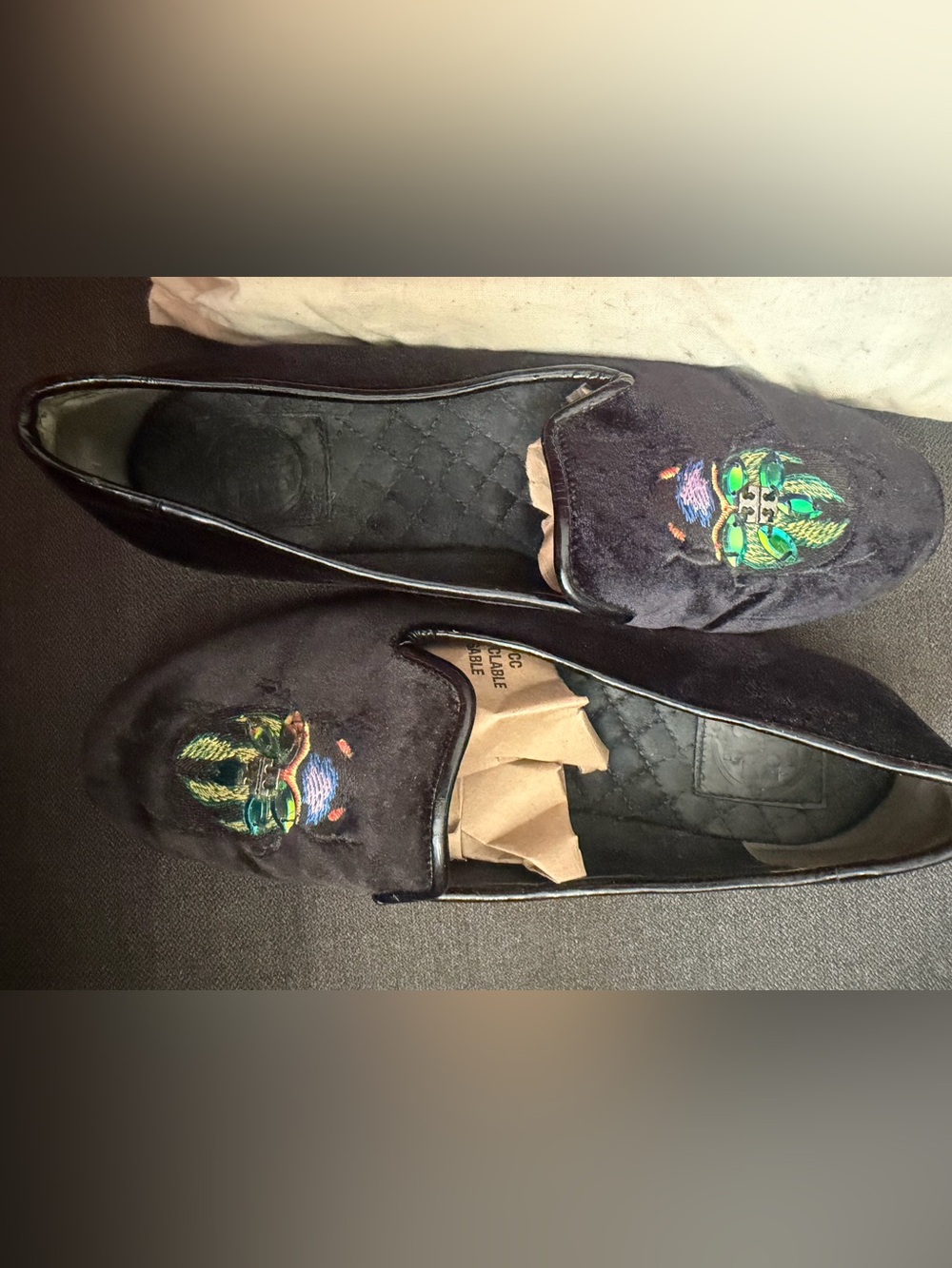 Tory Burch velvet beetle loafers with Iridescent Green Beads